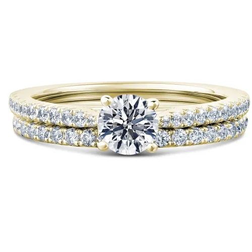 Yellow Gold Diamond Shoulder Stone Engagement Bridal Set - Yellow Violet